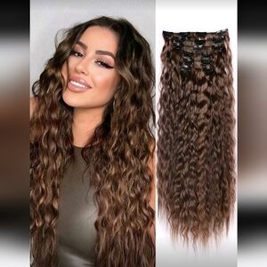 Long Wavy Clip-In Hair Extensions - Rich Brown Blend 6 Pcs 24 Inch